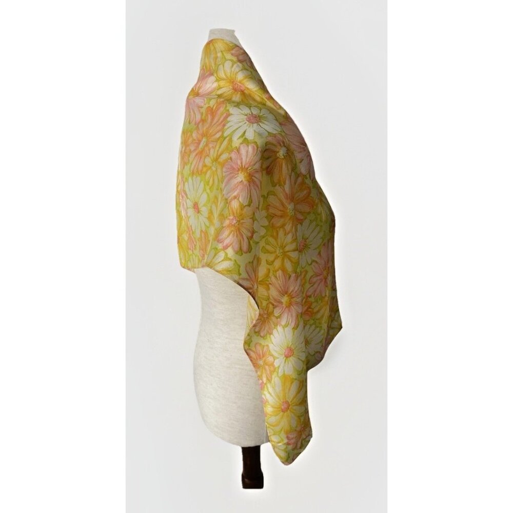 Vintage Floral Scarf Yellow Pink Daisy Sheer Mod Retro 60s 70s 13 x 53 Cottage - Picture 5 of 8